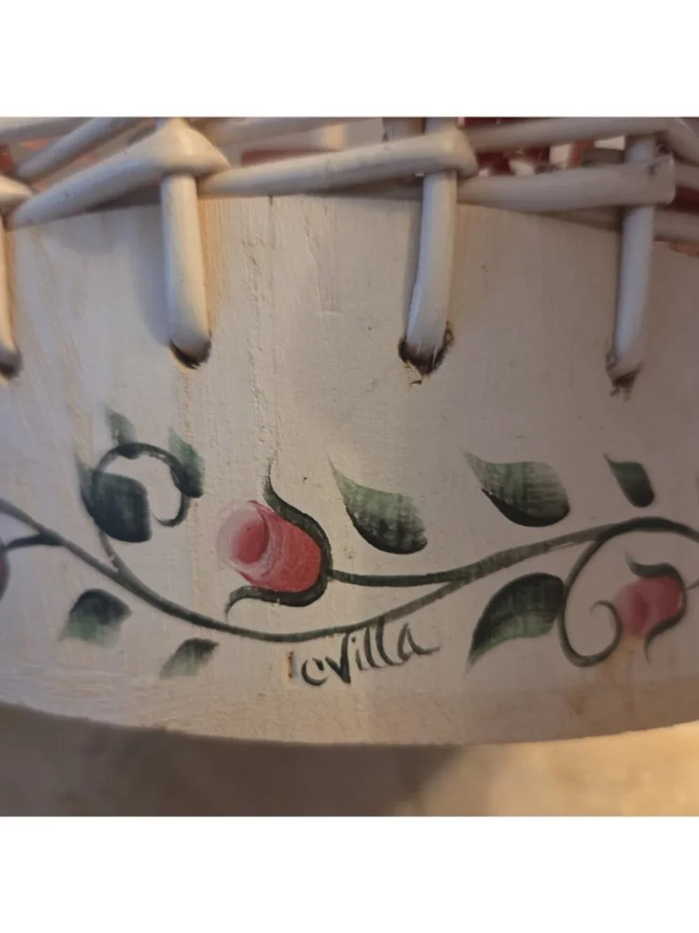 White Basket Painted with Pink Rose Buds Spring Decor